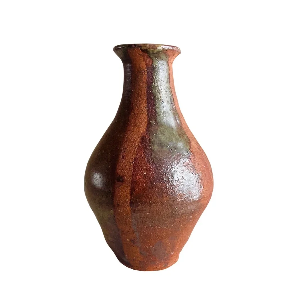 Signed Studio Pottery Vase Earthy Brown Green Glaze Hand Thrown Ceramic 7.75